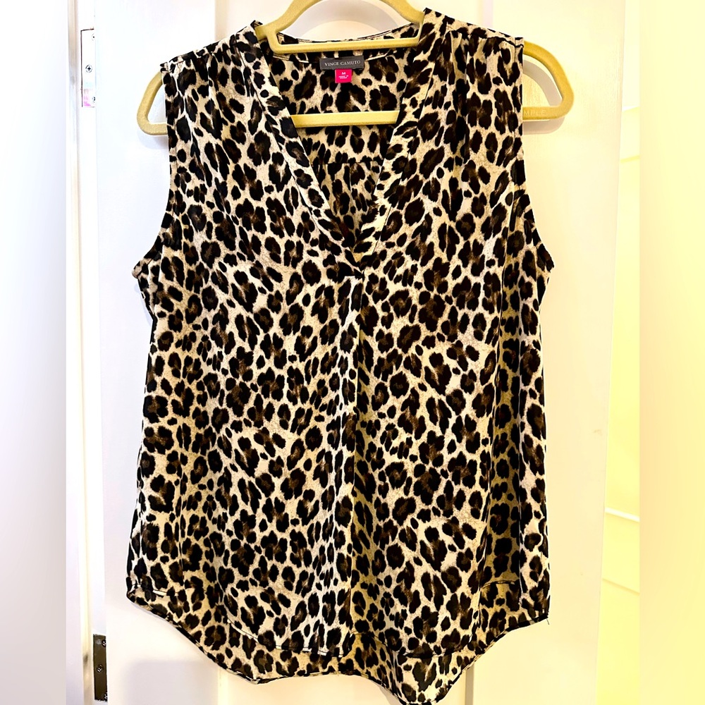 Leopard print rumpled satin sleeveless blouse